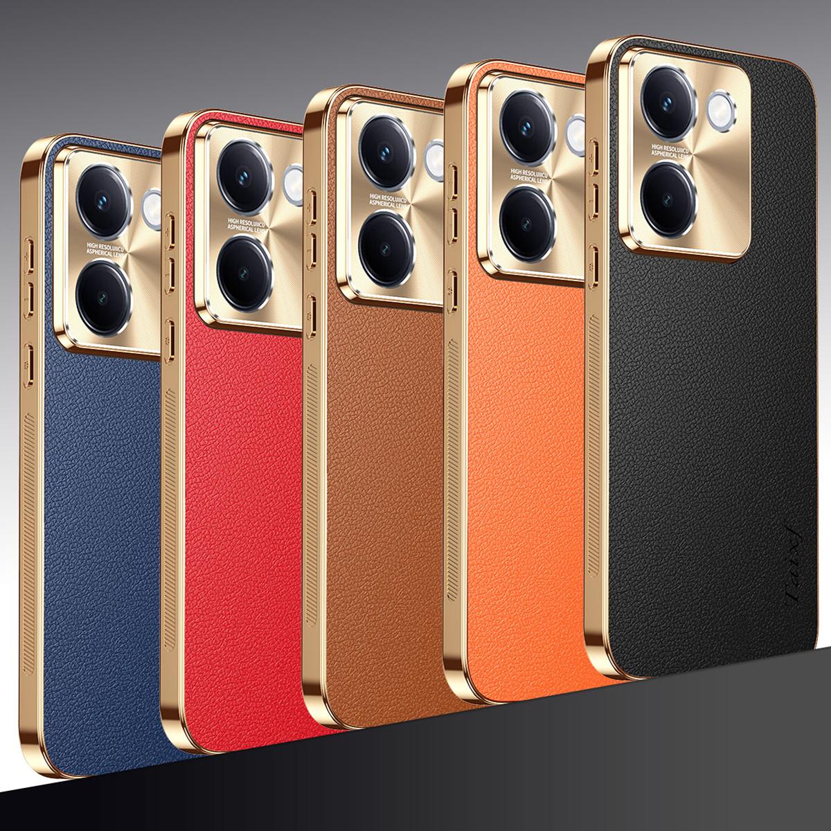 For vivo Y100i Electroplated Frame Litchi Texture PC + TPU Vegan Leather Phone Case - Blue - EDA009677422C