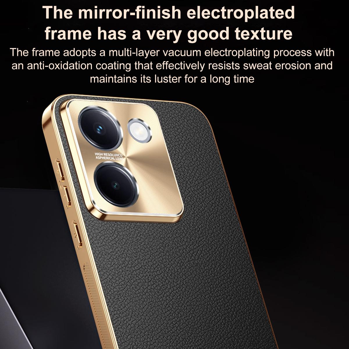 For vivo Y100i Electroplated Frame Litchi Texture PC + TPU Vegan Leather Phone Case - Blue - EDA009677422C