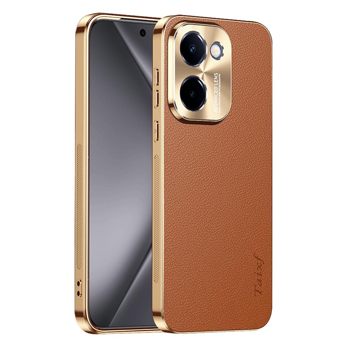 For vivo Y100i Electroplated Frame Litchi Texture PC + TPU Vegan Leather Phone Case - Brown - EDA009677422E
