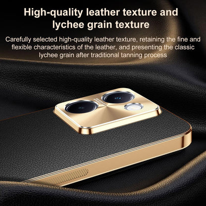For vivo Y100i Electroplated Frame Litchi Texture PC + TPU Vegan Leather Phone Case - Brown - EDA009677422E