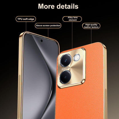 For vivo Y100i Electroplated Frame Litchi Texture PC + TPU Vegan Leather Phone Case - Brown - EDA009677422E