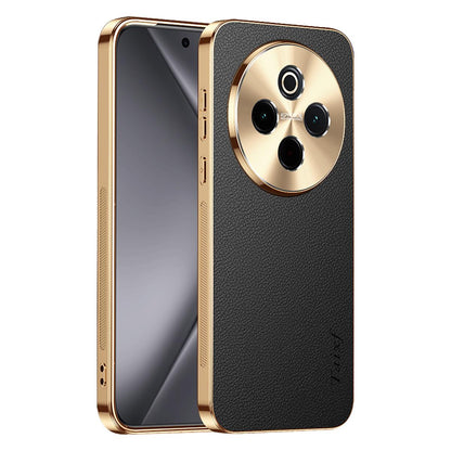 For vivo Y300 Pro Electroplated Frame Litchi Texture PC + TPU Vegan Leather Phone Case - Black - EDA009677424A