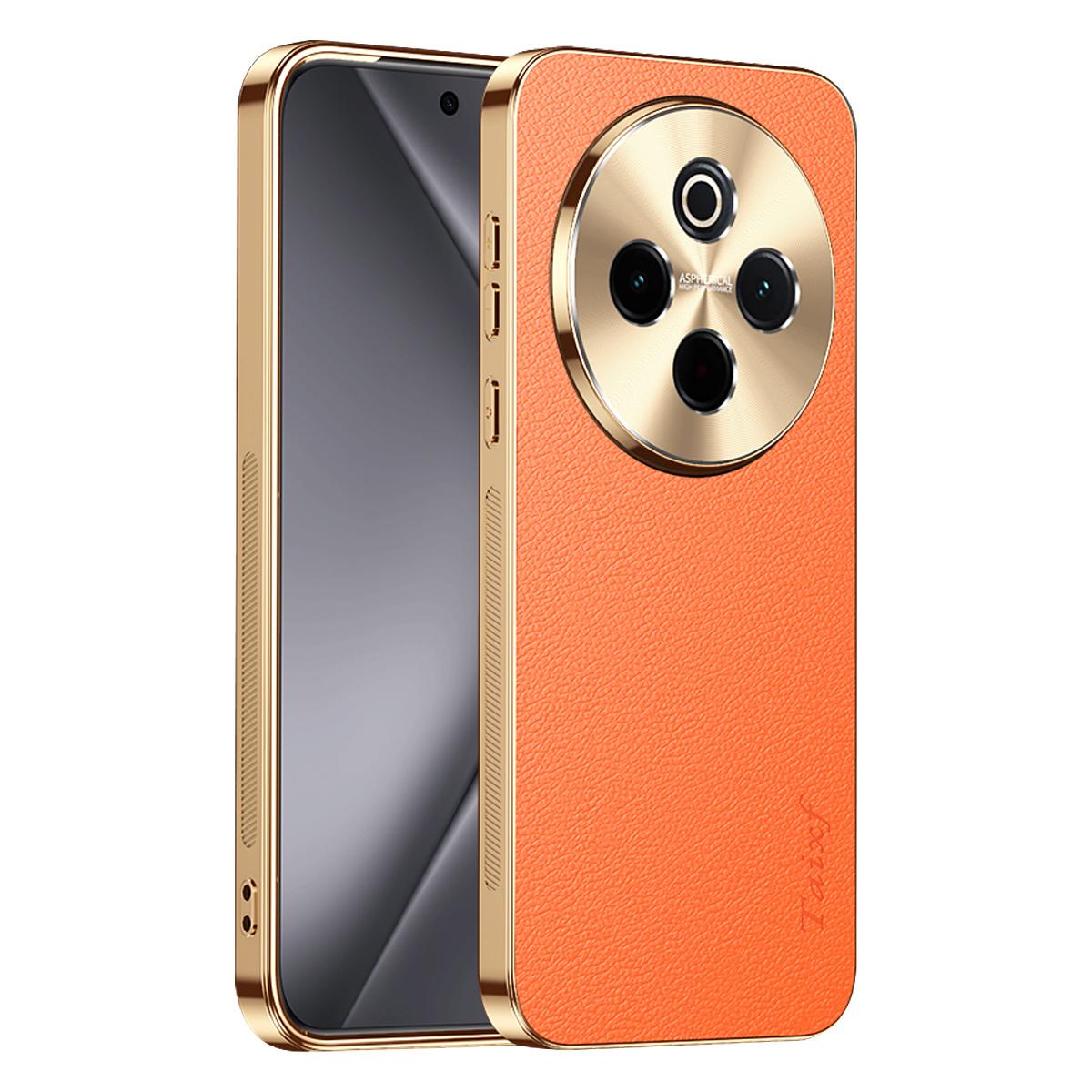 For vivo Y300 Pro Electroplated Frame Litchi Texture PC + TPU Vegan Leather Phone Case - Orange - EDA009677424B