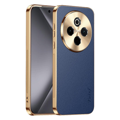 For vivo Y300 Pro Electroplated Frame Litchi Texture PC + TPU Vegan Leather Phone Case - Blue - EDA009677424C