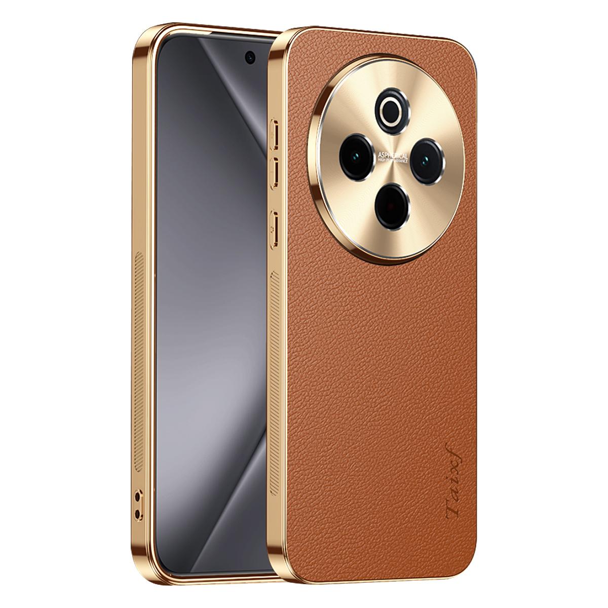 For vivo Y300 Pro Electroplated Frame Litchi Texture PC + TPU Vegan Leather Phone Case - Brown - EDA009677424E