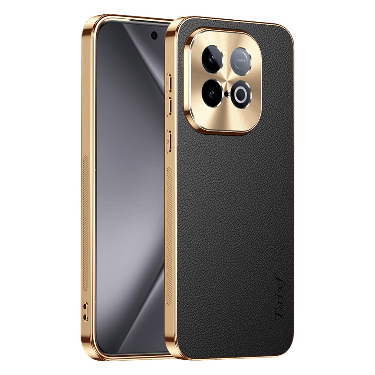 For vivo iQOO Z10 Turbo Pro Electroplated Frame Litchi Texture PC + TPU Vegan Leather Phone Case - Black - EDA009677501A