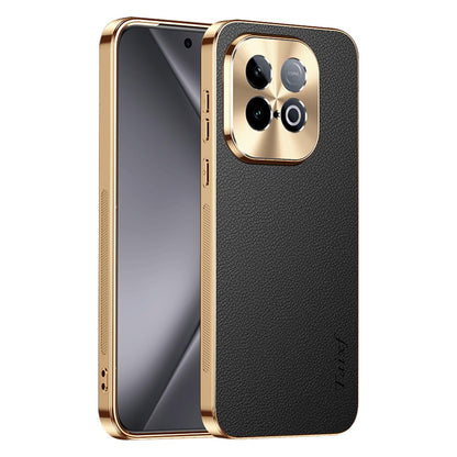For vivo iQOO Z10 Turbo Pro Electroplated Frame Litchi Texture PC + TPU Vegan Leather Phone Case - Black - EDA009677501A