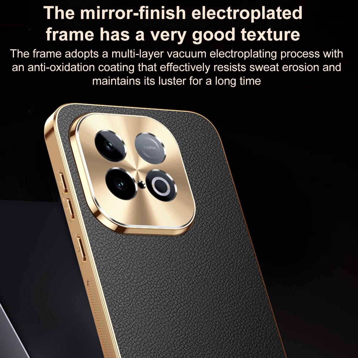 For vivo iQOO Z10 Turbo Pro Electroplated Frame Litchi Texture PC + TPU Vegan Leather Phone Case - Black - EDA009677501A