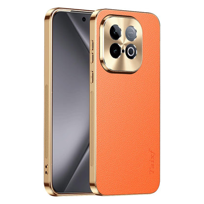 For vivo iQOO Z10 Turbo Pro Electroplated Frame Litchi Texture PC + TPU Vegan Leather Phone Case - Orange - EDA009677501B