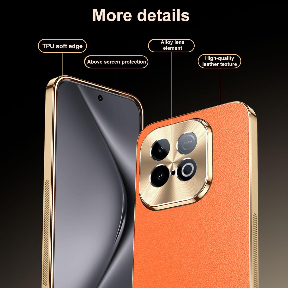 For vivo iQOO Z10 Turbo Pro Electroplated Frame Litchi Texture PC + TPU Vegan Leather Phone Case - Orange - EDA009677501B
