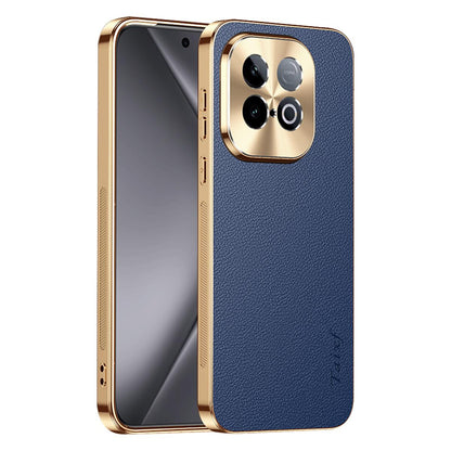 For vivo iQOO Z10 Turbo Pro Electroplated Frame Litchi Texture PC + TPU Vegan Leather Phone Case - Blue - EDA009677501C