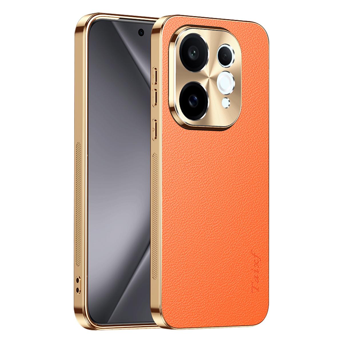 For vivo S50 5G Electroplated Frame Litchi Texture PC + TPU Vegan Leather Phone Case - Orange - EDA009677503B