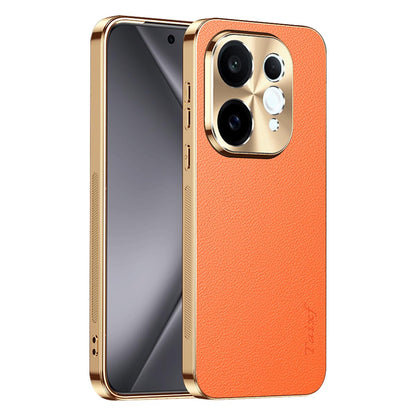 For vivo S50 5G Electroplated Frame Litchi Texture PC + TPU Vegan Leather Phone Case - Orange - EDA009677503B