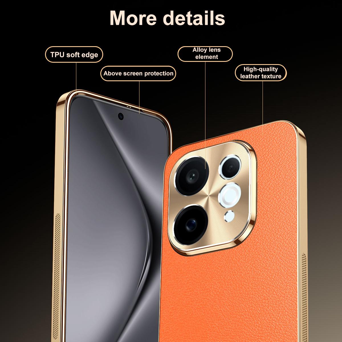 For vivo S50 5G Electroplated Frame Litchi Texture PC + TPU Vegan Leather Phone Case - Orange - EDA009677503B