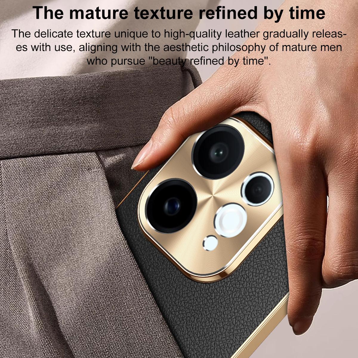 For vivo S50 5G Electroplated Frame Litchi Texture PC + TPU Vegan Leather Phone Case - Orange - EDA009677503B