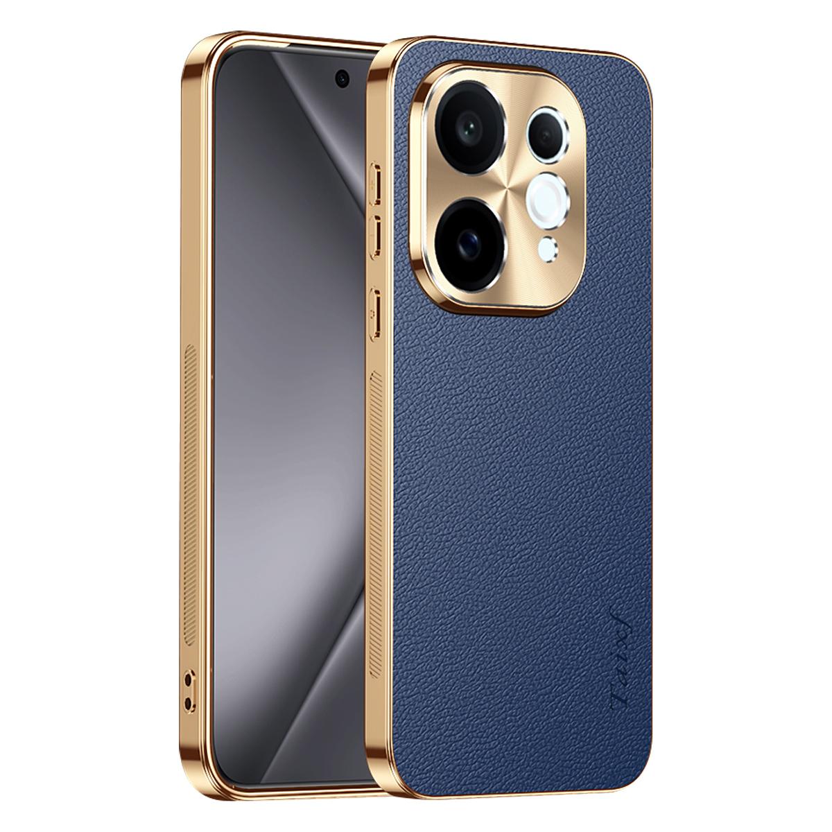 For vivo S50 5G Electroplated Frame Litchi Texture PC + TPU Vegan Leather Phone Case - Blue - EDA009677503C