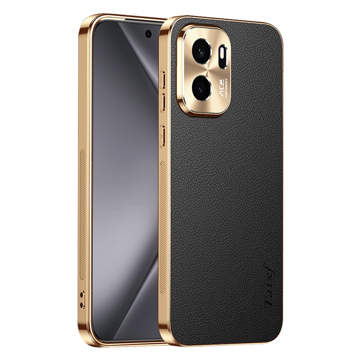 For OnePlus Ace 6 Ultra Electroplated Frame Litchi Texture PC + TPU Vegan Leather Phone Case - Black - EDA009677802A