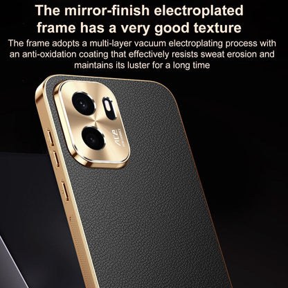 For OnePlus Ace 6 Ultra Electroplated Frame Litchi Texture PC + TPU Vegan Leather Phone Case - Black - EDA009677802A