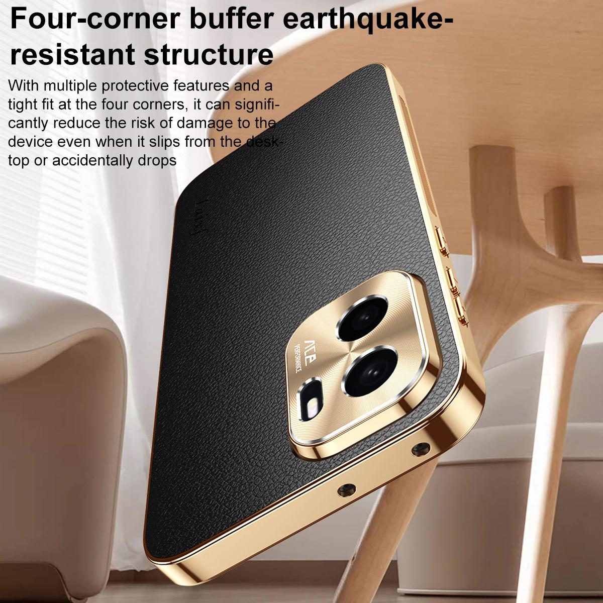 For OnePlus Ace 6 Ultra Electroplated Frame Litchi Texture PC + TPU Vegan Leather Phone Case - Black - EDA009677802A