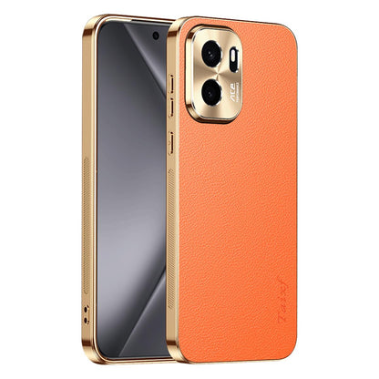 For OnePlus Ace 6 Ultra Electroplated Frame Litchi Texture PC + TPU Vegan Leather Phone Case - Orange - EDA009677802B