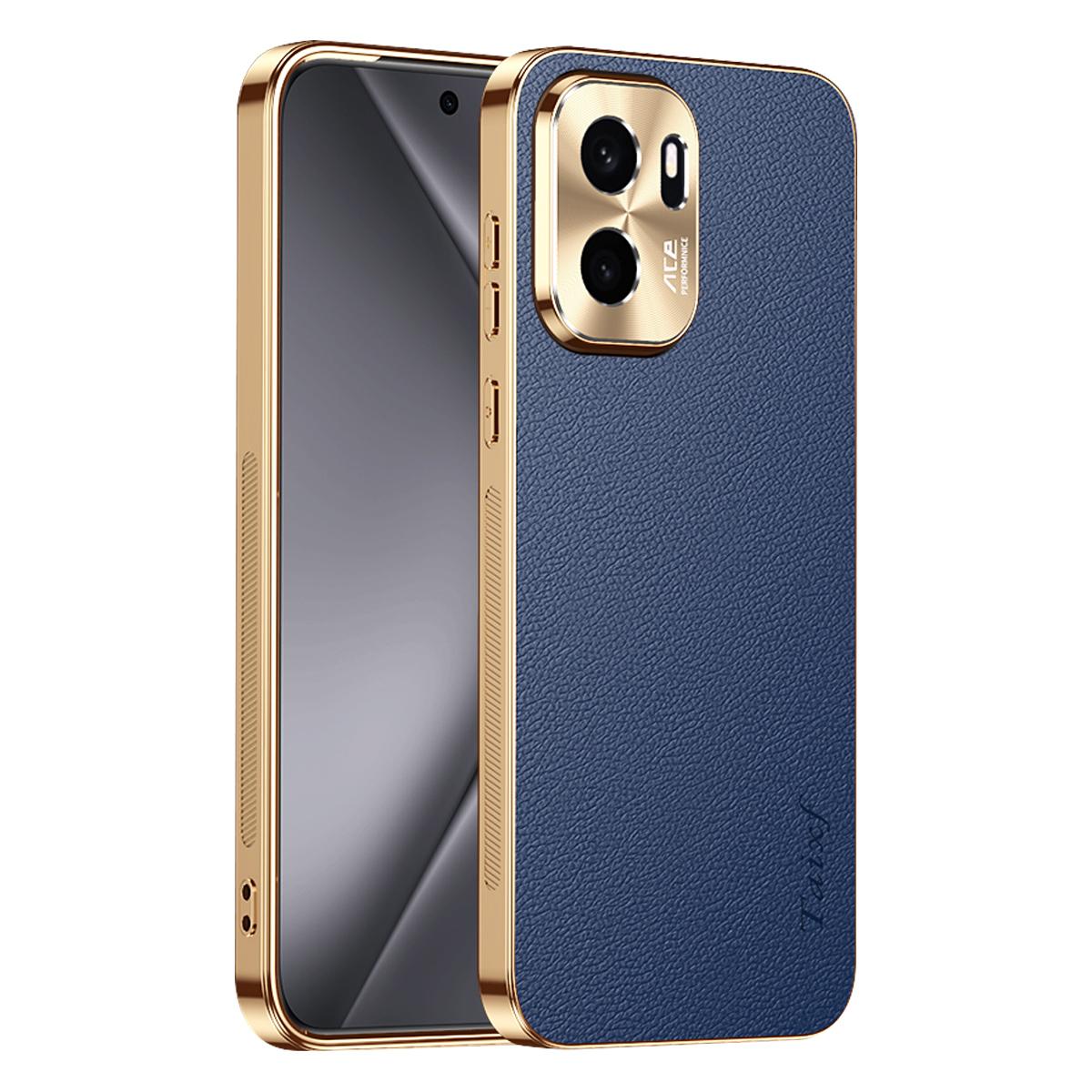 For OnePlus Ace 6 Ultra Electroplated Frame Litchi Texture PC + TPU Vegan Leather Phone Case - Blue - EDA009677802C