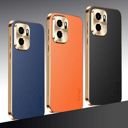 For OnePlus Ace 6 Ultra Electroplated Frame Litchi Texture PC + TPU Vegan Leather Phone Case - Blue - EDA009677802C