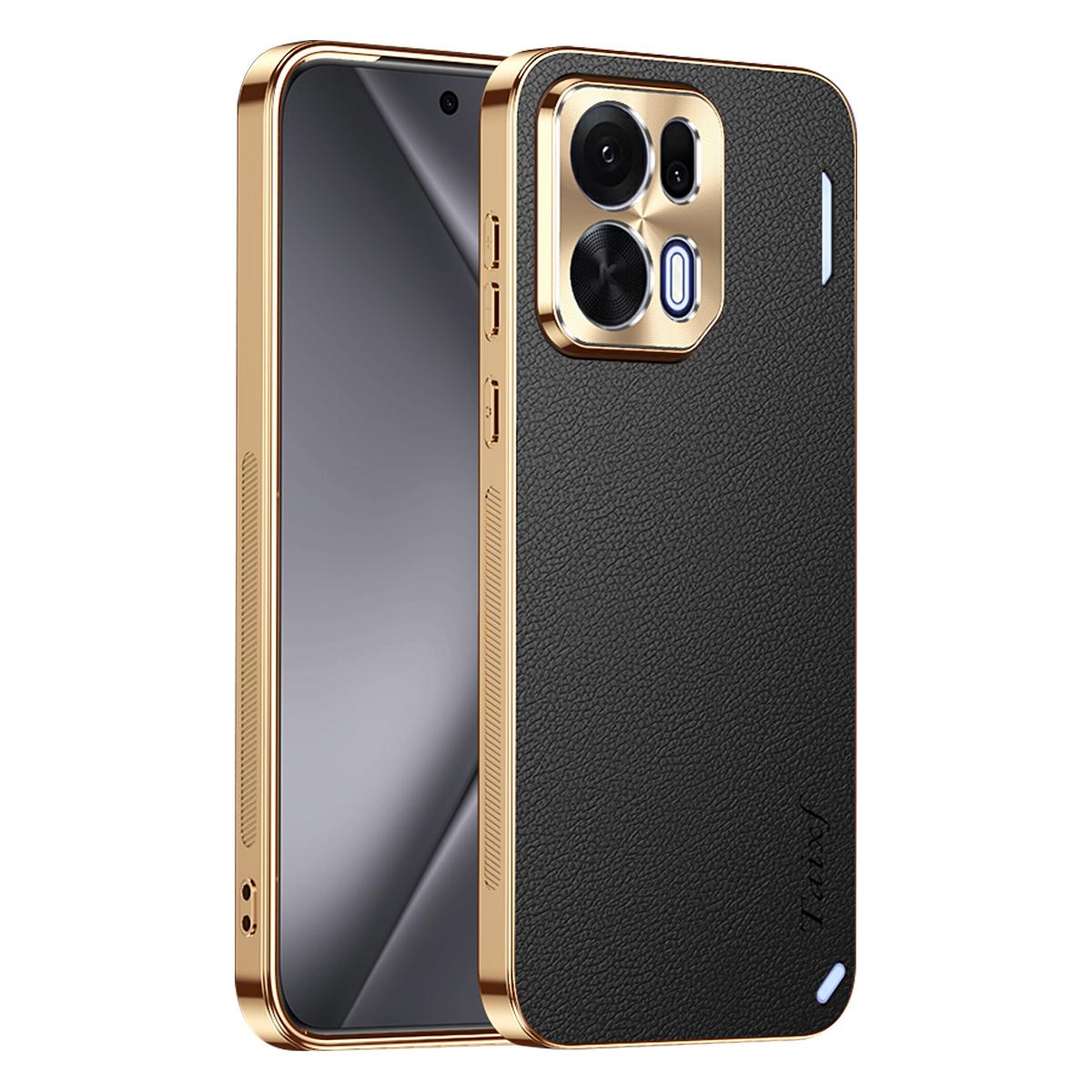 For OPPO K15 Pro+ Electroplated Frame Litchi Texture PC + TPU Vegan Leather Phone Case - Black - EDA009677901A