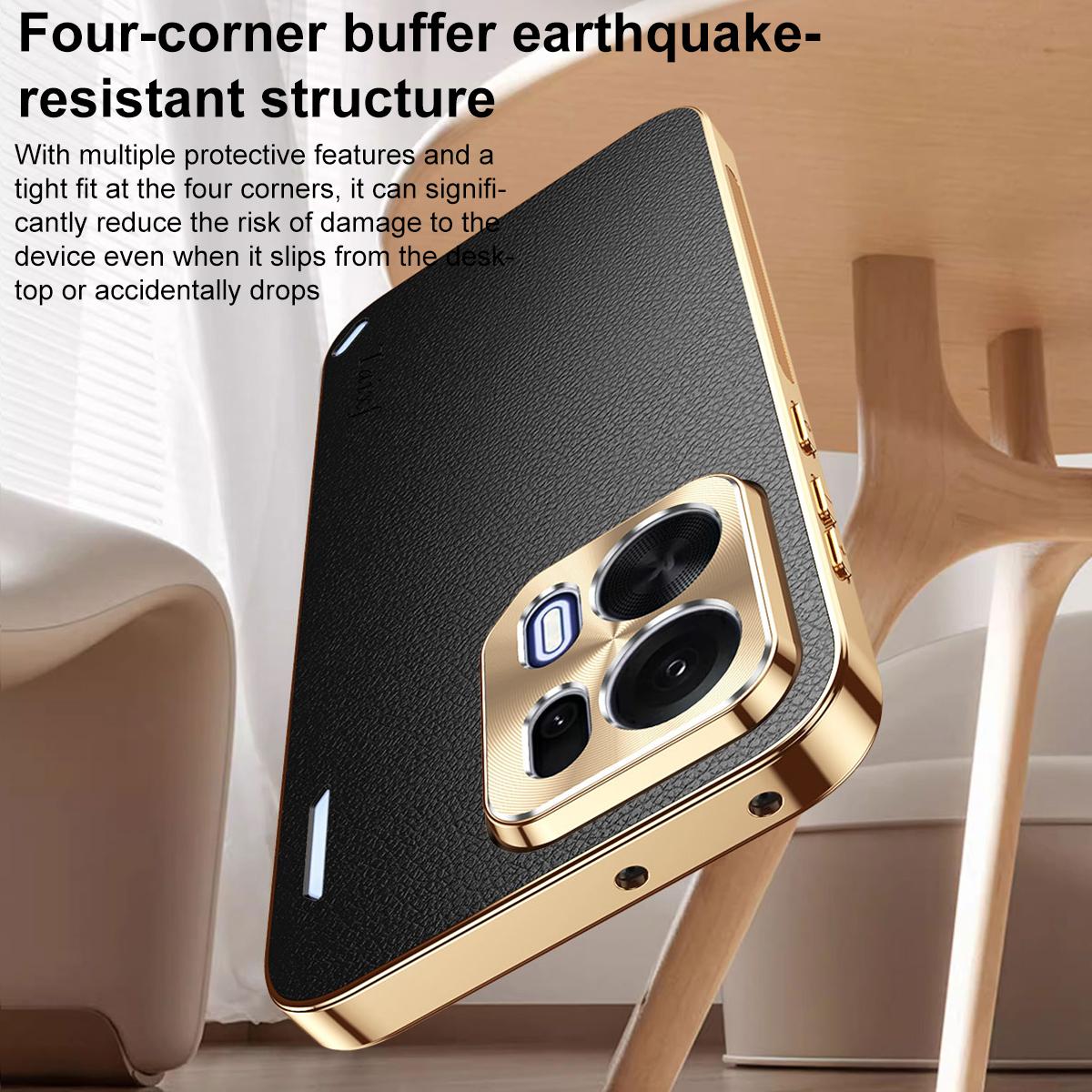 For OPPO K15 Pro+ Electroplated Frame Litchi Texture PC + TPU Vegan Leather Phone Case - Black - EDA009677901A