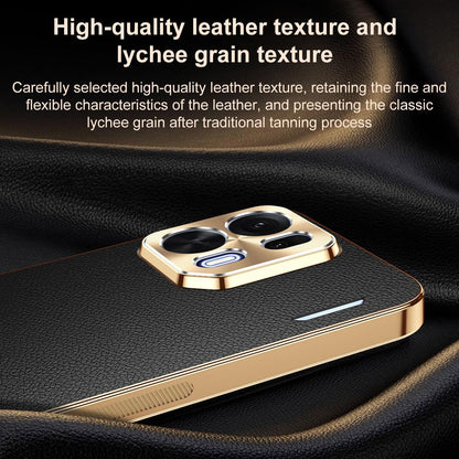 For OPPO K15 Pro+ Electroplated Frame Litchi Texture PC + TPU Vegan Leather Phone Case - Orange - EDA009677901B