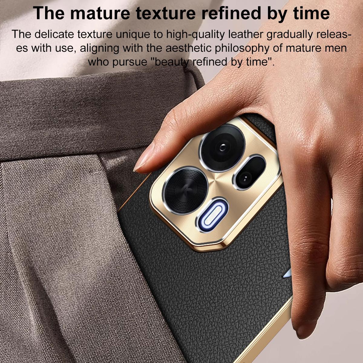 For OPPO K15 Pro+ Electroplated Frame Litchi Texture PC + TPU Vegan Leather Phone Case - Orange - EDA009677901B