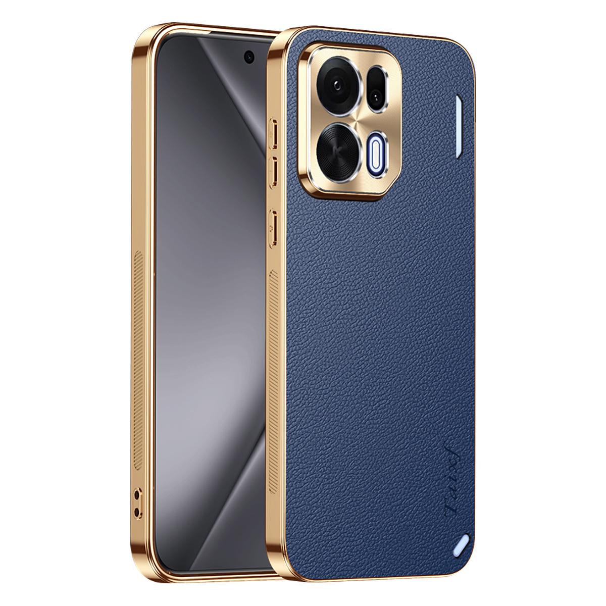 For OPPO K15 Pro+ Electroplated Frame Litchi Texture PC + TPU Vegan Leather Phone Case - Blue - EDA009677901C
