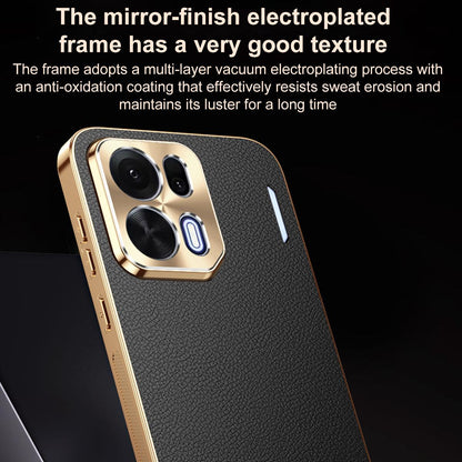 For OPPO K15 Pro+ Electroplated Frame Litchi Texture PC + TPU Vegan Leather Phone Case - Blue - EDA009677901C