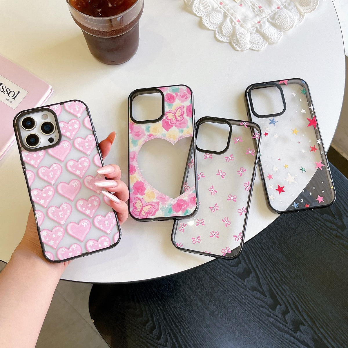 For iPhone 17 Pro Max French Style Star Bow Transparent Acrylic TPU Phone Case - Pink Heart - EDA009678001C