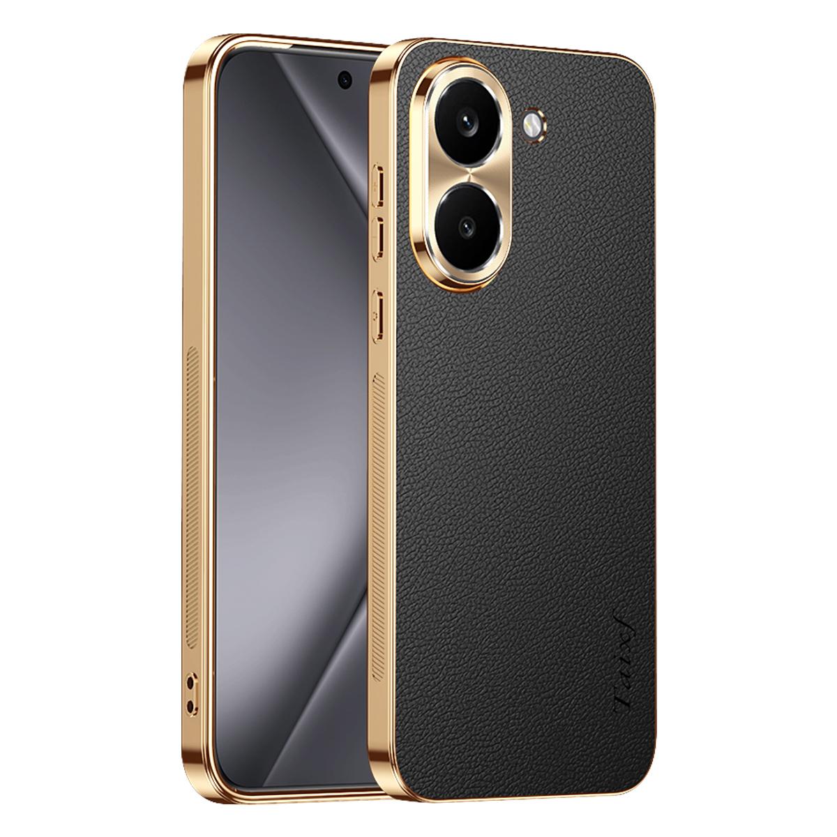 For Redmi Turbo 5 Electroplated Frame Litchi Texture PC + TPU Vegan Leather Phone Case - Black - EDA009678203A