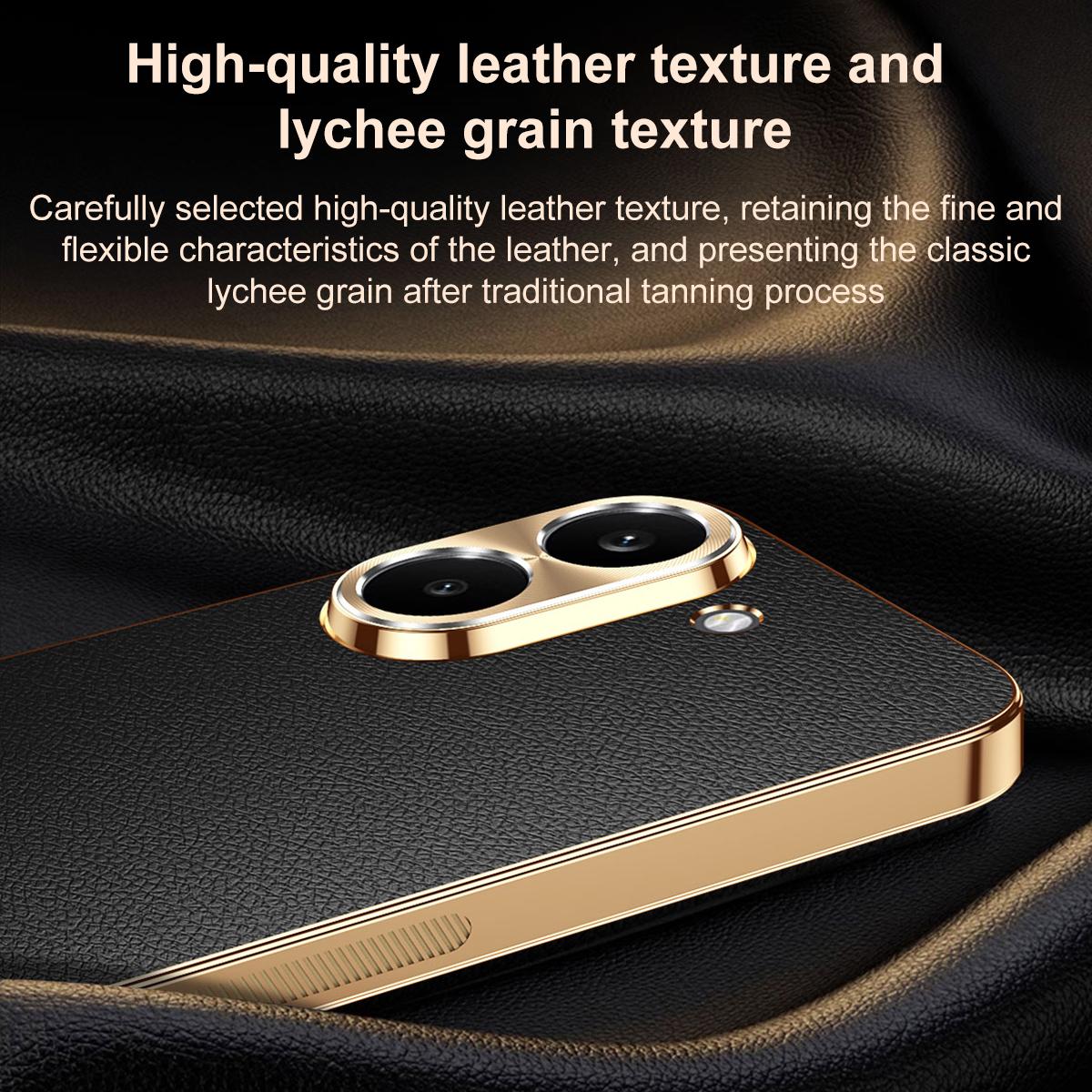 For Redmi Turbo 5 Electroplated Frame Litchi Texture PC + TPU Vegan Leather Phone Case - Black - EDA009678203A