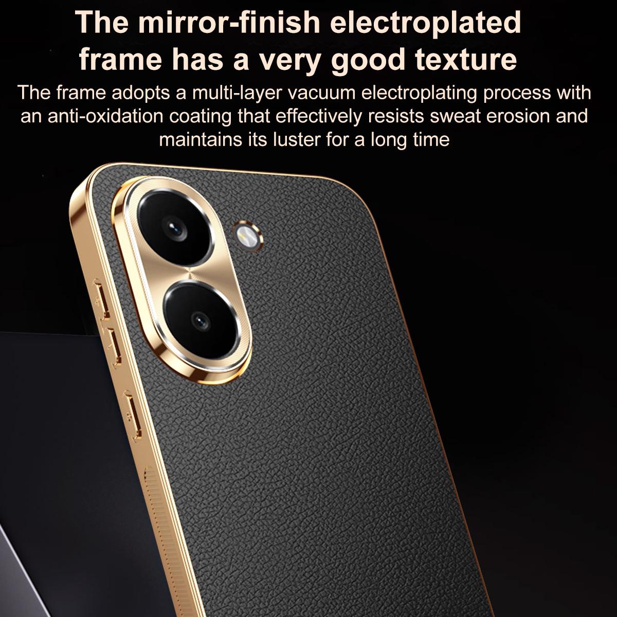For Redmi Turbo 5 Electroplated Frame Litchi Texture PC + TPU Vegan Leather Phone Case - Black - EDA009678203A