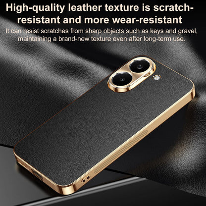 For Redmi Turbo 5 Electroplated Frame Litchi Texture PC + TPU Vegan Leather Phone Case - Black - EDA009678203A