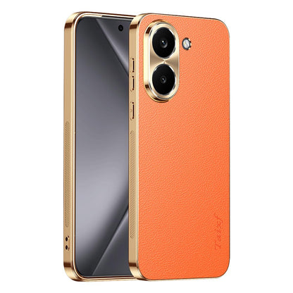 For Redmi Turbo 5 Electroplated Frame Litchi Texture PC + TPU Vegan Leather Phone Case - Orange - EDA009678203B
