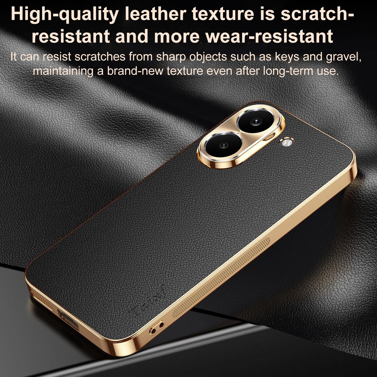 For Redmi Turbo 5 Electroplated Frame Litchi Texture PC + TPU Vegan Leather Phone Case - Orange - EDA009678203B
