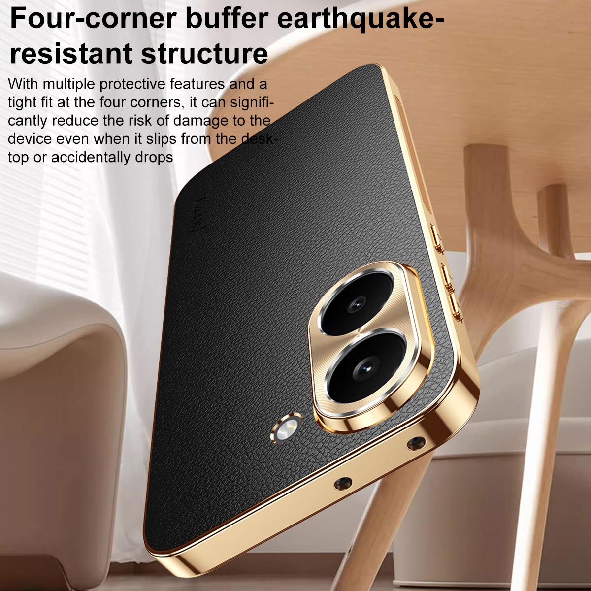 For Redmi Turbo 5 Electroplated Frame Litchi Texture PC + TPU Vegan Leather Phone Case - Orange - EDA009678203B