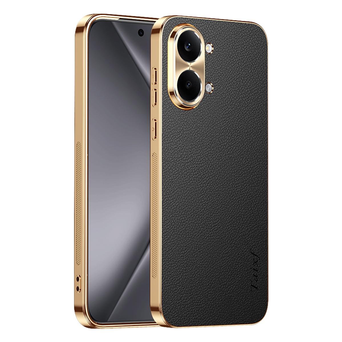 For Redmi Turbo 5 Max Electroplated Frame Litchi Texture PC + TPU Vegan Leather Phone Case - Black - EDA009678204A