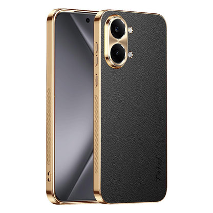 For Redmi Turbo 5 Max Electroplated Frame Litchi Texture PC + TPU Vegan Leather Phone Case - Black - EDA009678204A