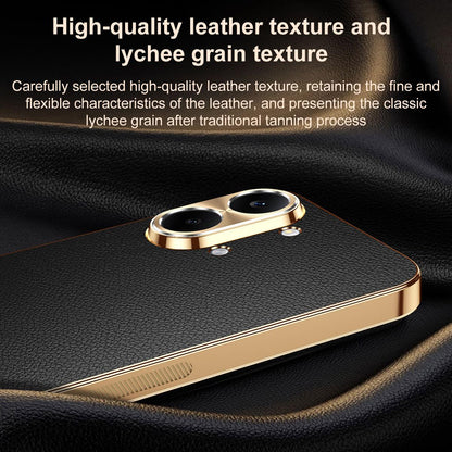 For Redmi Turbo 5 Max Electroplated Frame Litchi Texture PC + TPU Vegan Leather Phone Case - Black - EDA009678204A