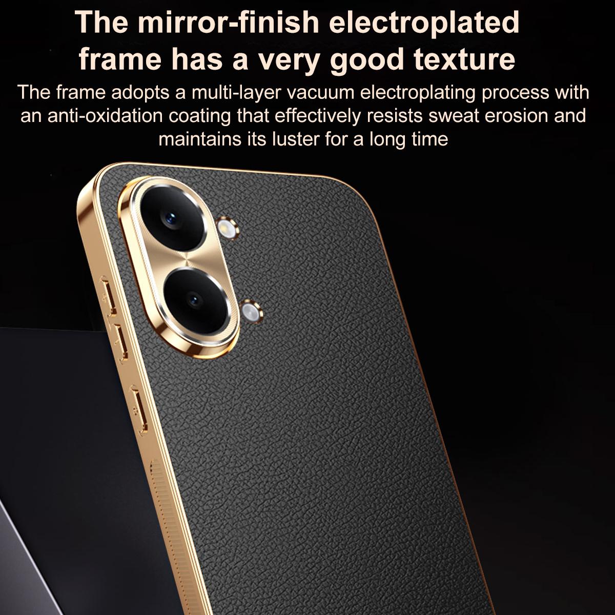For Redmi Turbo 5 Max Electroplated Frame Litchi Texture PC + TPU Vegan Leather Phone Case - Black - EDA009678204A