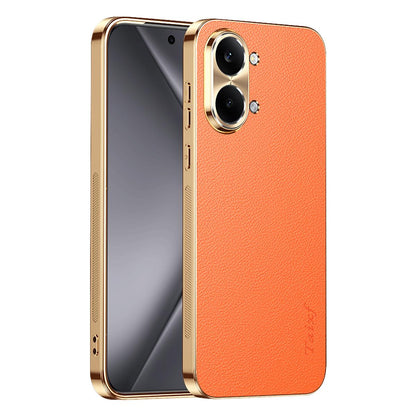For Redmi Turbo 5 Max Electroplated Frame Litchi Texture PC + TPU Vegan Leather Phone Case - Orange - EDA009678204B