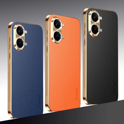For Redmi Turbo 5 Max Electroplated Frame Litchi Texture PC + TPU Vegan Leather Phone Case - Orange - EDA009678204B