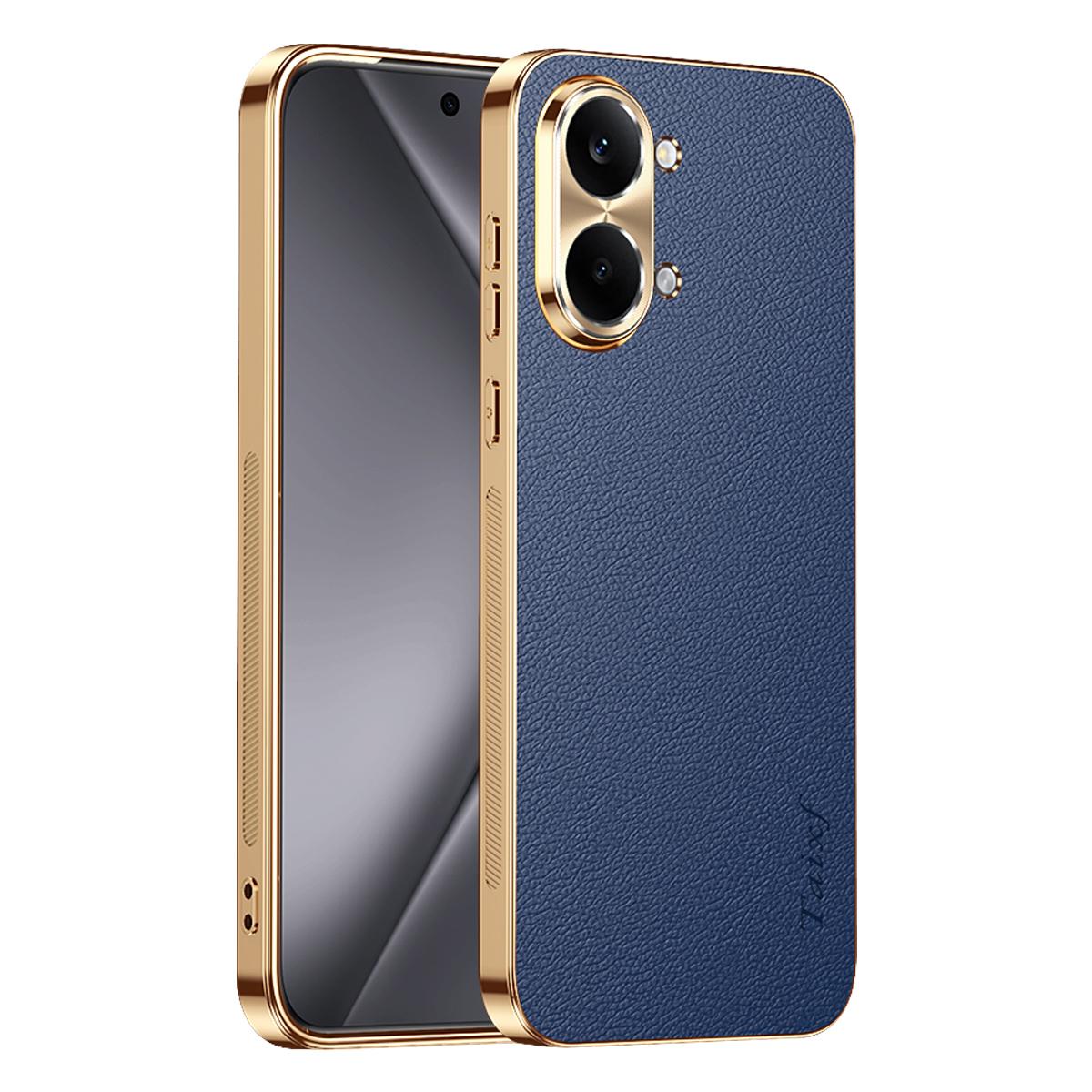 For Redmi Turbo 5 Max Electroplated Frame Litchi Texture PC + TPU Vegan Leather Phone Case - Blue - EDA009678204C