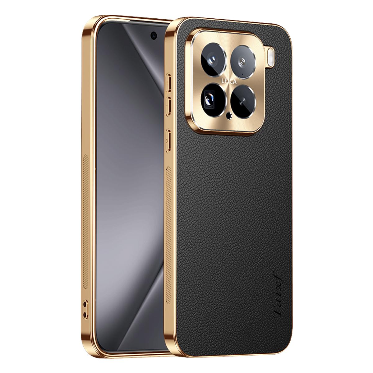 For Xiaomi 15 Electroplated Frame Litchi Texture PC + TPU Vegan Leather Phone Case - Black - EDA009678404A
