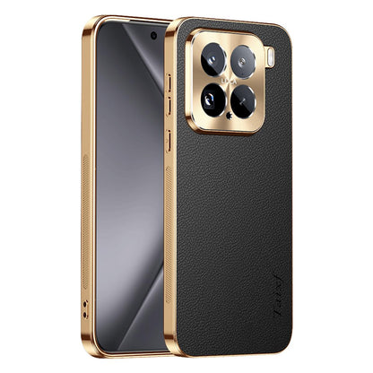For Xiaomi 15 Electroplated Frame Litchi Texture PC + TPU Vegan Leather Phone Case - Black - EDA009678404A