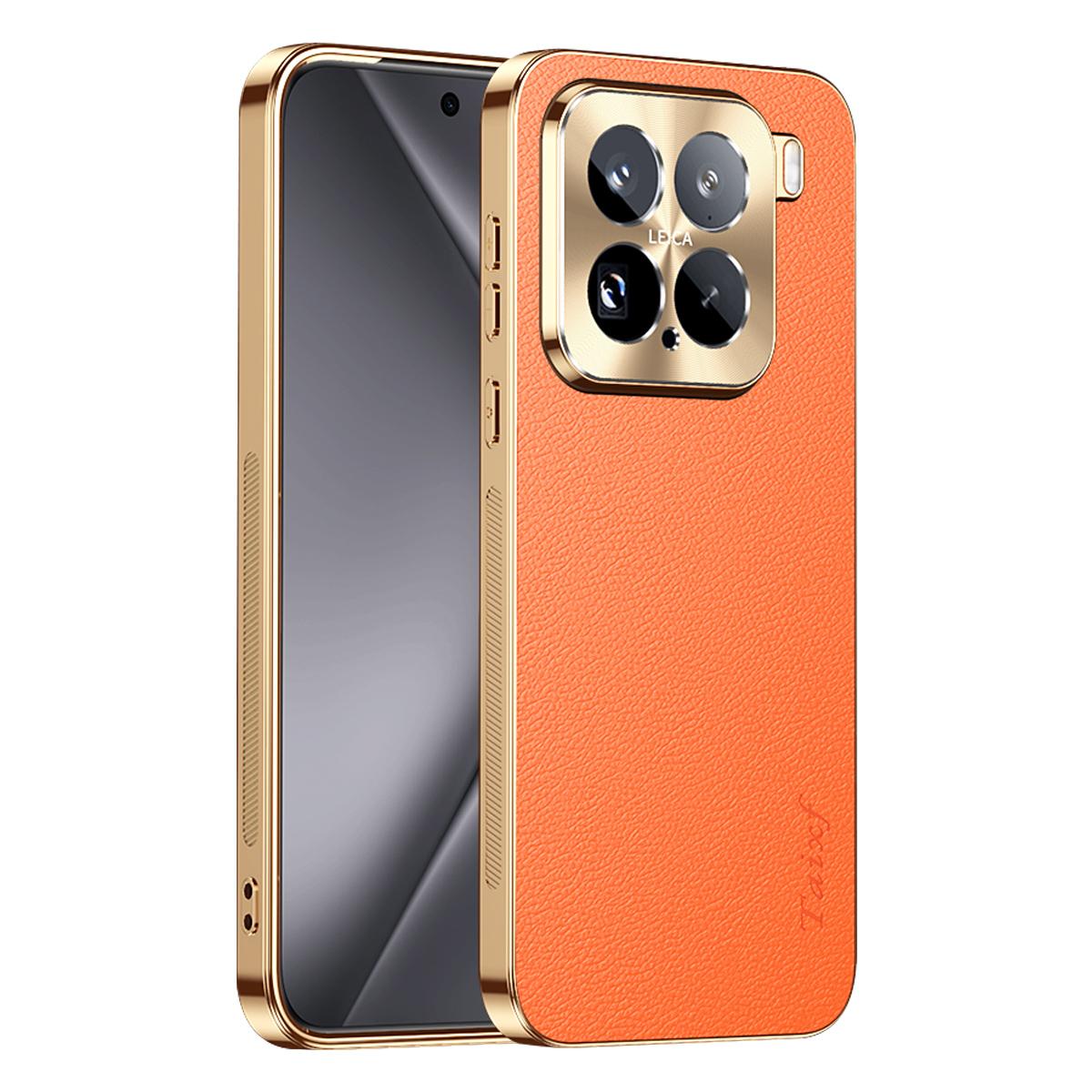 For Xiaomi 15 Electroplated Frame Litchi Texture PC + TPU Vegan Leather Phone Case - Orange - EDA009678404B